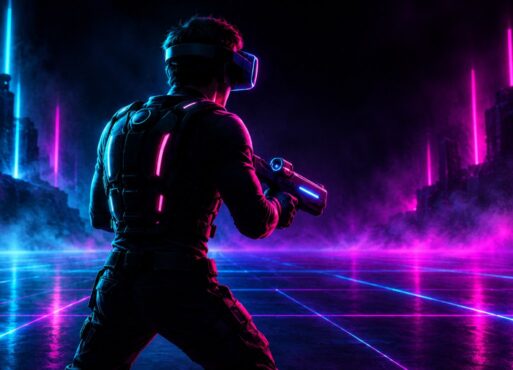 Player geared up with wireless VR headset, haptic vest and blaster at Luminary VR Coffs Harbour