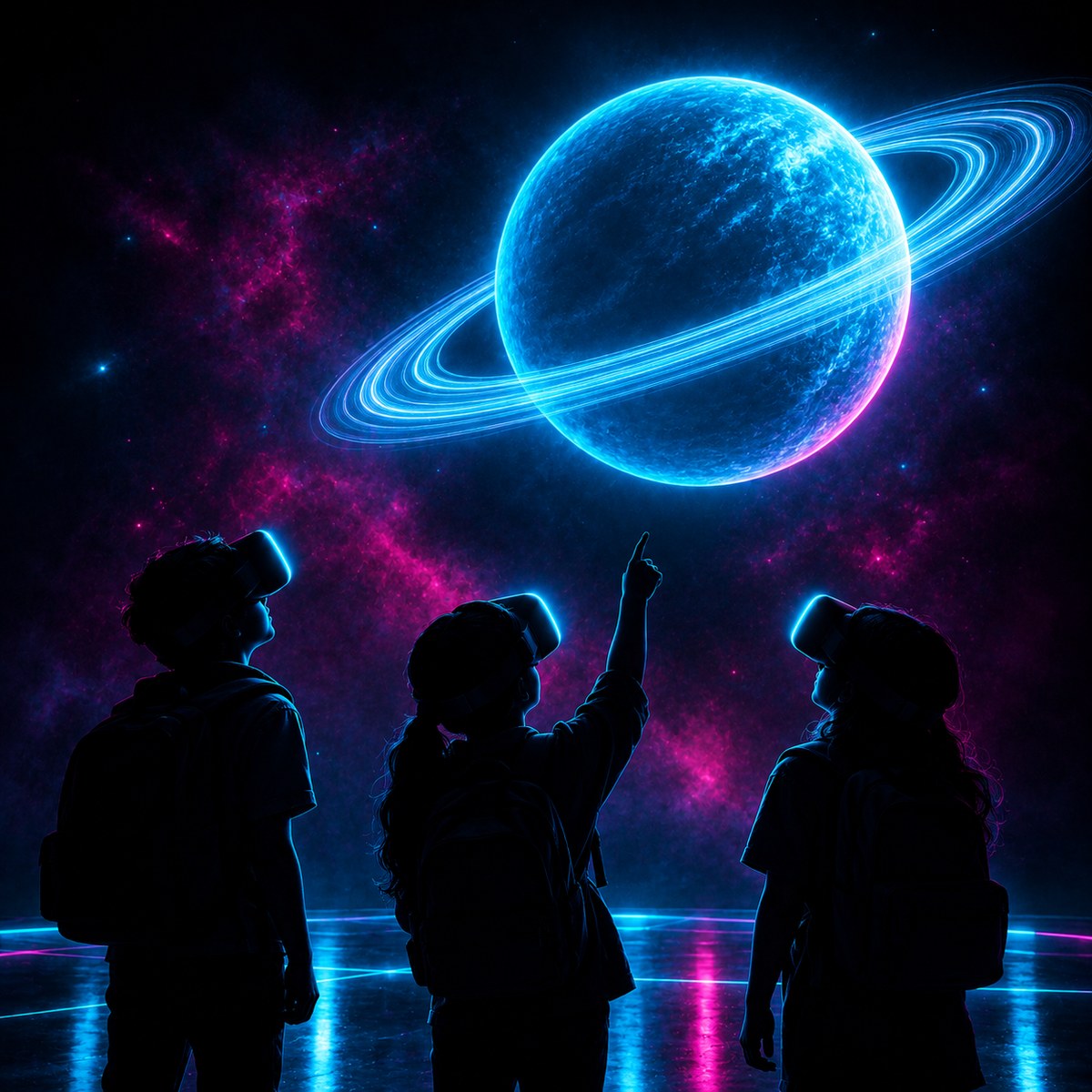 Students in VR headsets gazing at a glowing ringed planet — school programs at Luminary VR Coffs Harbour