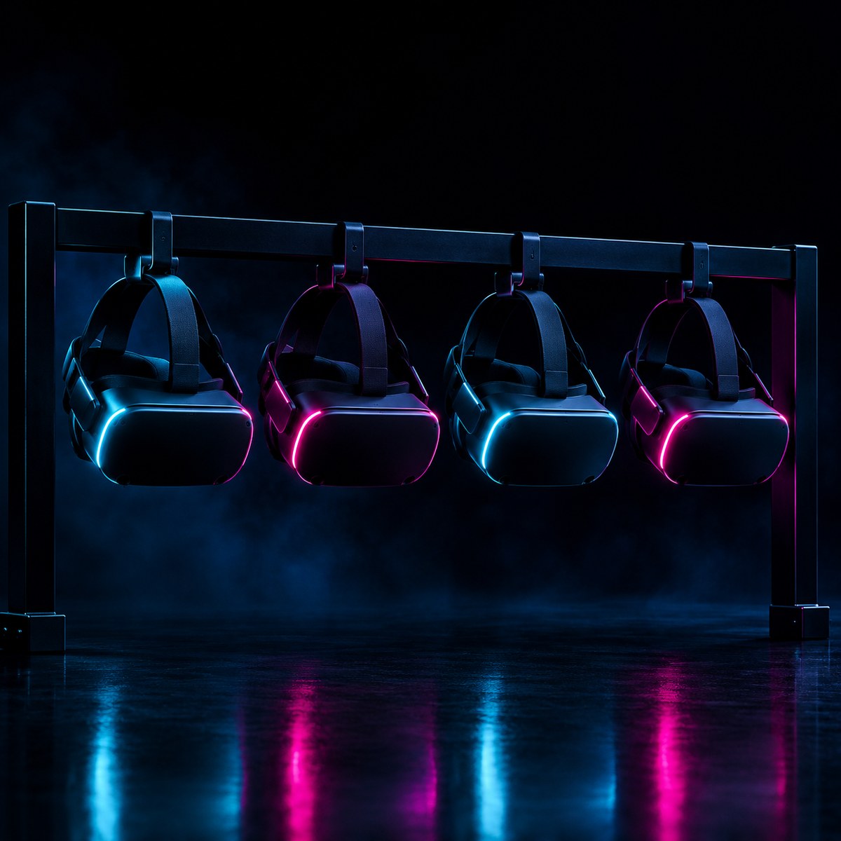 Four VR headsets with glowing edges on a rack — the Squad Pass at Luminary VR Coffs Harbour